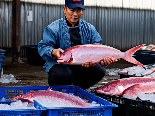 市場で魚を確かめる Steve